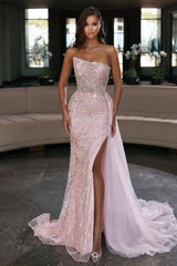 Long Mermaid Strapless Tulle Beads High Split Prom Dresses