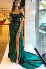 Dark Green Long Mermaid Off the Shoulder Sequined Prom Dresses with Slit