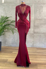 High Neck Long Sleeve Beading Floor Length Ruffles Mermaid Prom Dress With Split