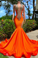 Long Mermaid Sequined V-neck Satin Backless Prom Dress with Appliques