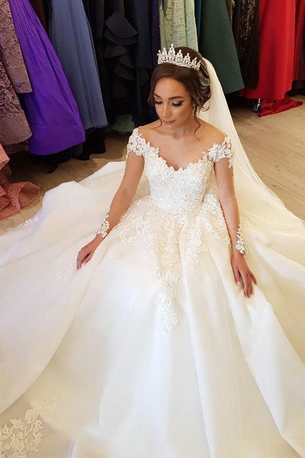 Gorgeous Long A-line Tulle Lace Off the Shoulder Wedding Dress	 with Long Sleeves