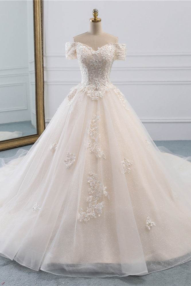 Long Ball Gown Off the Shoulder Tulle Wedding Dress with Appliques Lace