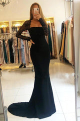 Black Square Neckline Long Sleeve Appliques Lace Backless Mermaid Prom Dress