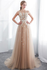 Long A-line Sleeveless Appliqued Lace Tulle Floor Length Evening Dresses