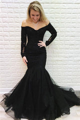 Long Black Off the Shoulder Appliques Mermaid Prom Dress with Sleeves