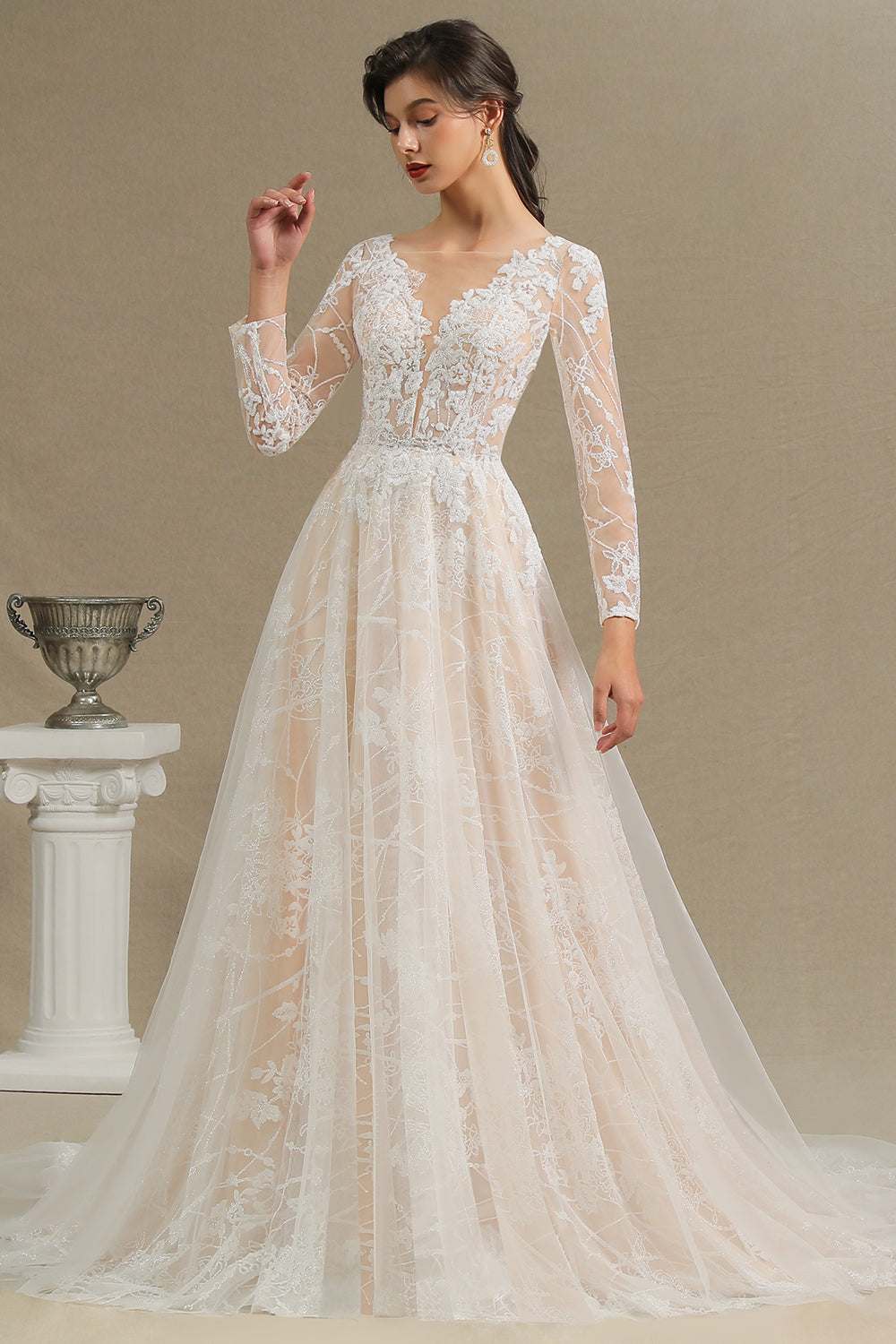 Elegant Long Sleeve Sweetheart Rulle Tulle A-line Wedding Dress