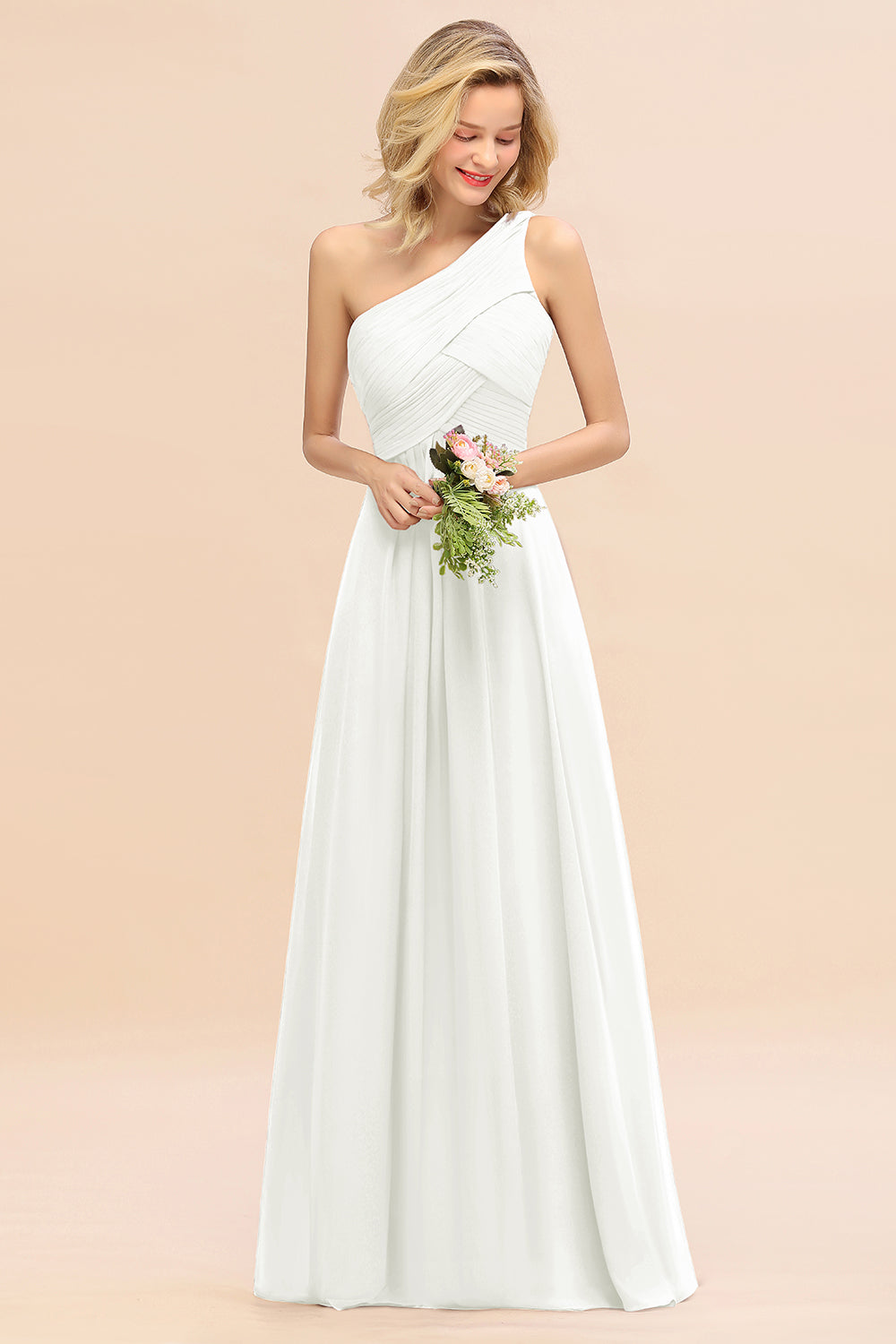 Elegant A-line Chiffon Ruffles One Shoulder Long Bridesmaid Dress