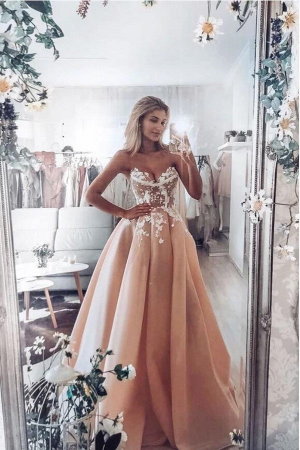 Long A-line Sweetheart Appliques Lace Floor Length Ruffles Prom Dress