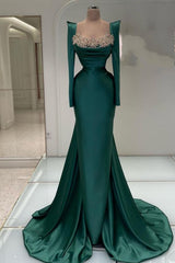 Long Mermaid Square Neck Satin Beaded Formal Prom Dresses with Sleeves