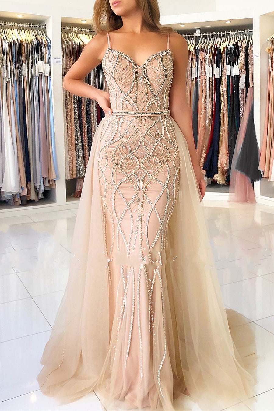 Long Spaghetti Straps Sweetheart Beading Mermaid Prom Dress With Tulle Train