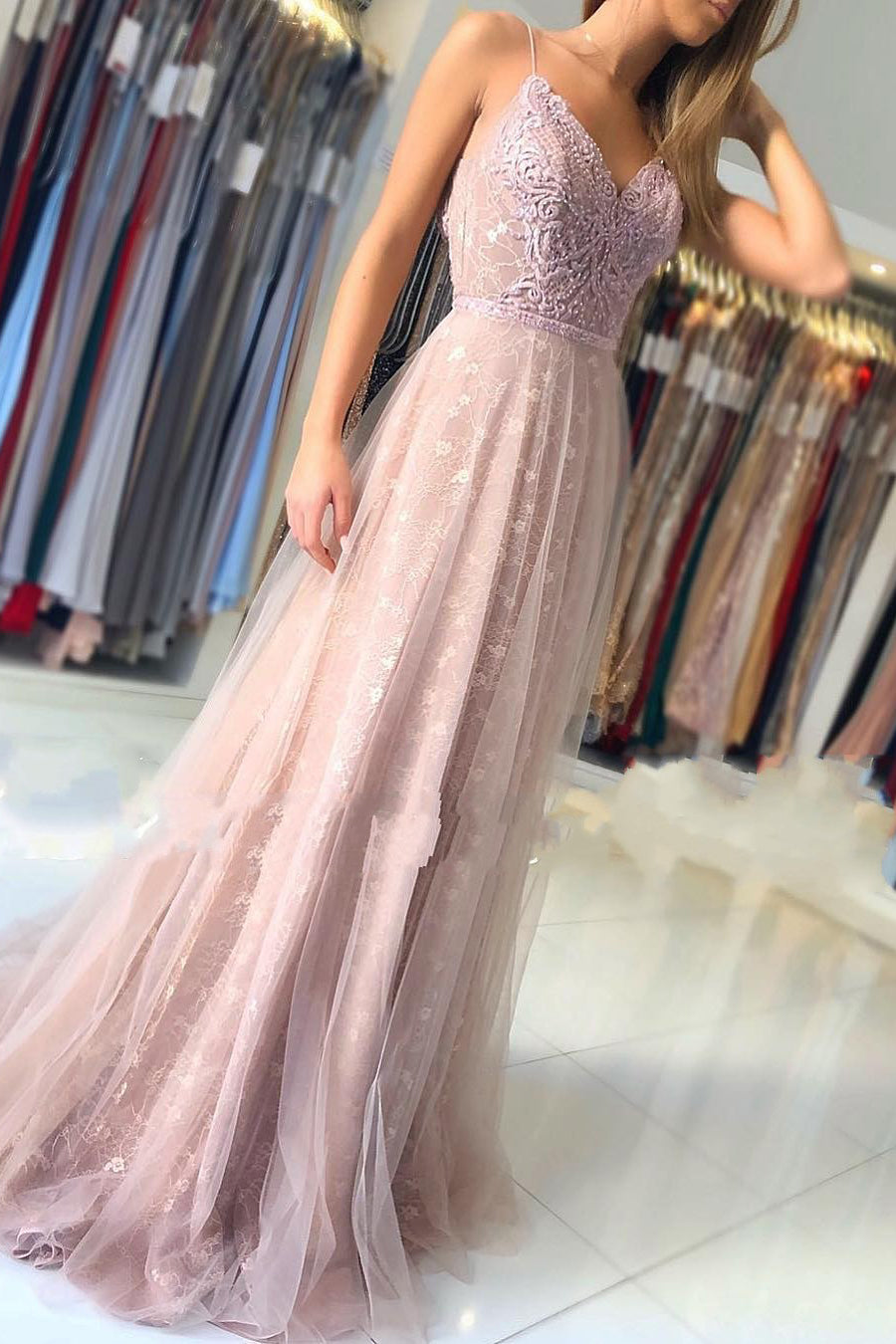 Long V-neck Spaghetti Straps A-Line Lace Floor Length Ruffles Prom Dress