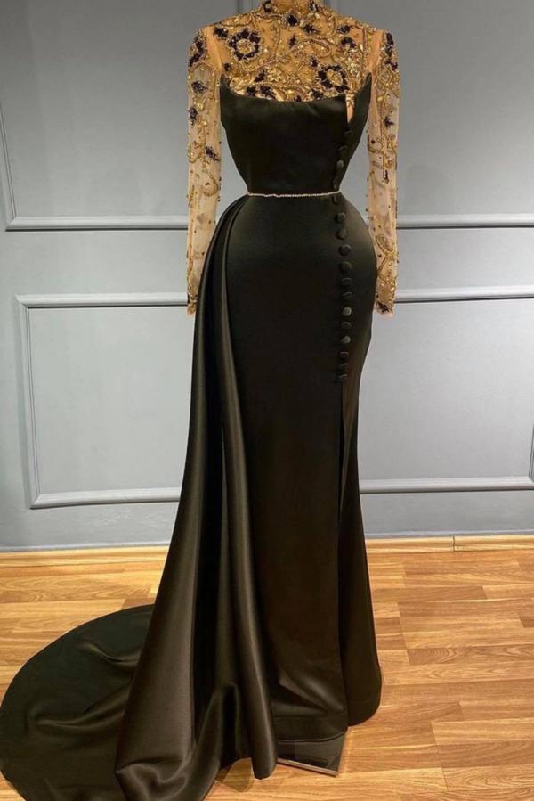 Elegant Long Mermaid High Neck Satin Formal Dress with Sleeeves