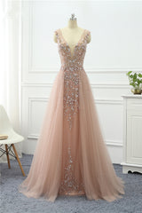 Long V-neck A-Line Tulle Ruffles Sequins Beading Prom Dress With Lace