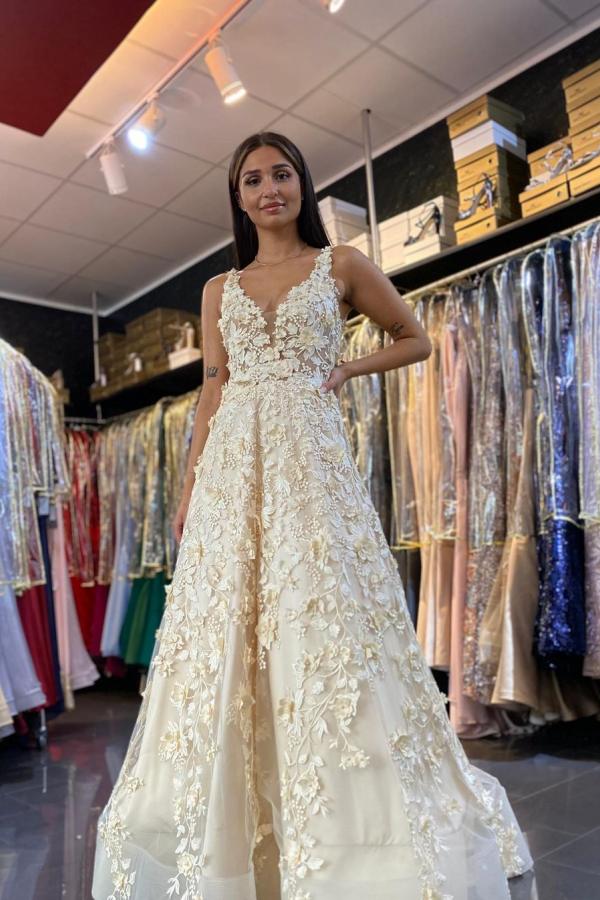 Long A-line V-neck Appliques Lace Ruffles Backless Prom Dress