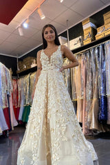 Long A-line V-neck Appliques Lace Ruffles Backless Prom Dress