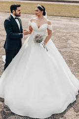 Plus Size Long A-line Off the Shoulder Open Back Wedding Dress with Ruffle