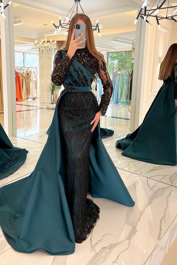 Long Sleeves Mermaid Satin High Neck Sequins Evening Dresses with Sweep Train