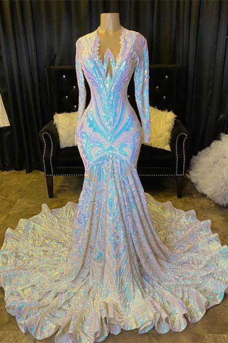 V-neck Sequins Appliques Long Sleeve Floor Length Mermaid Prom Dresses
