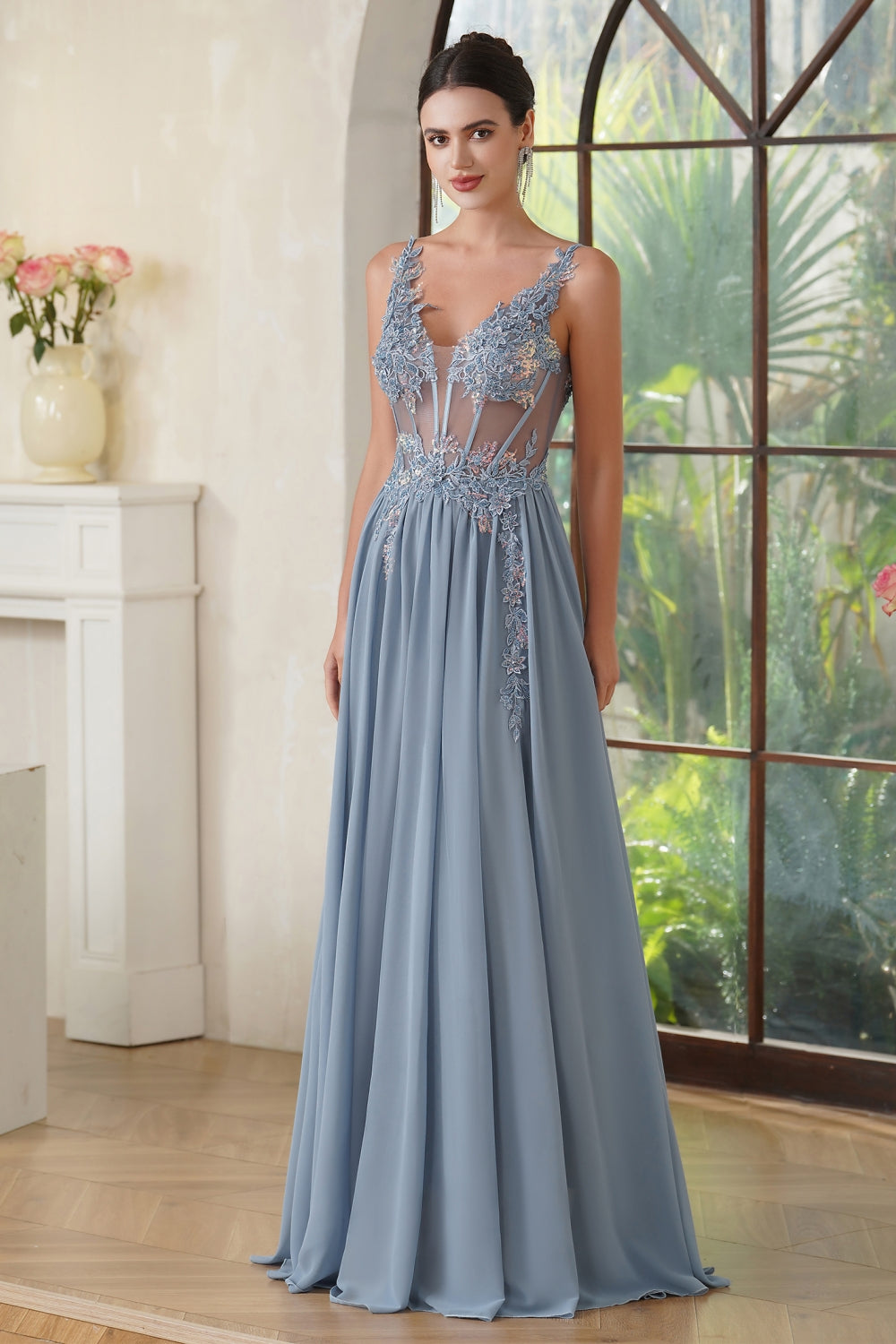 Long A-line V-neck Sleeveless Chiffon Lace Prom Dress with Appliques