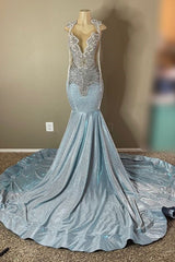 Sparkle Long Mermaid Appliques Lace Backless Prom Dress with Beads