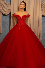 Long Ball Gown Off the Shoulder Tulle Lace Evening Formal Prom Dresses