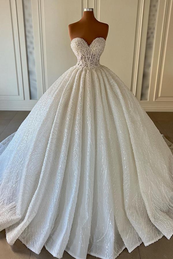 Gorgeous Long Ball Gown Sweetheart Sleeveless Sequined Wedding Dresses