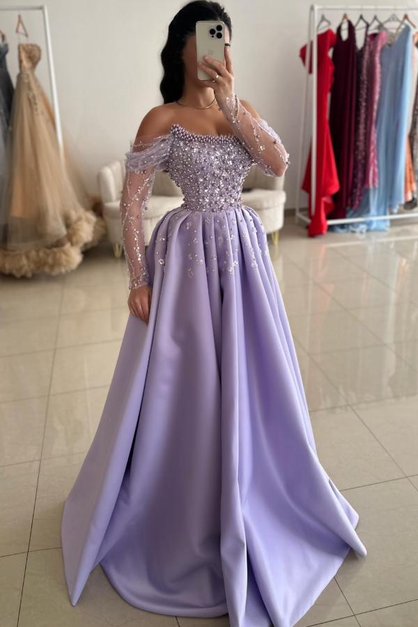 Off The Shoulder Long Sleeve A-Line Satin Prom Dress with Beads