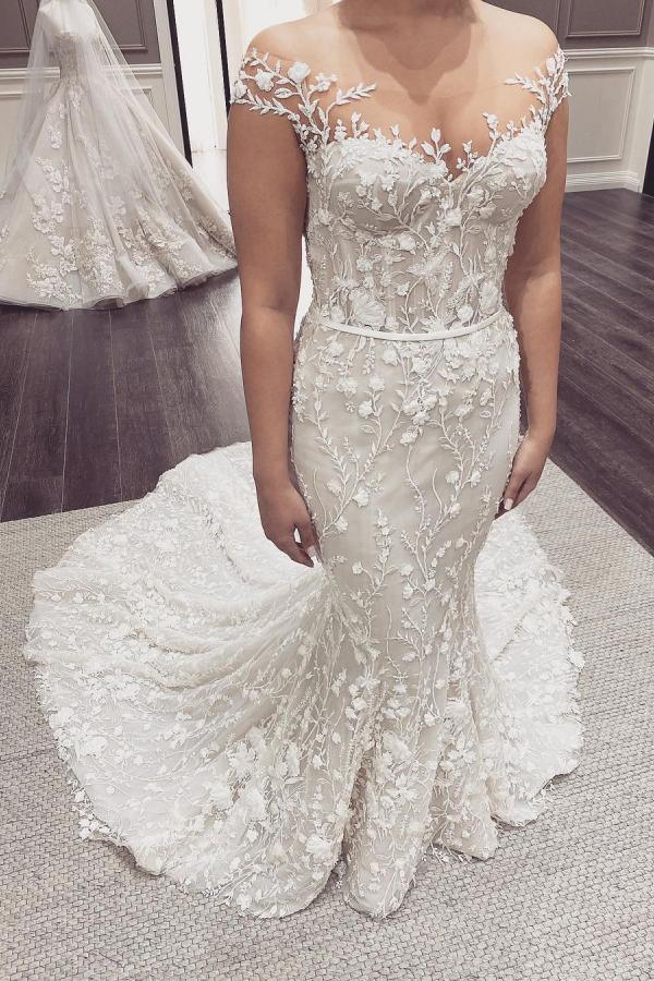 Elegant Long Off the Shoulder Appliques Lace Backless Floor Length Mermaid Wedding Dresses