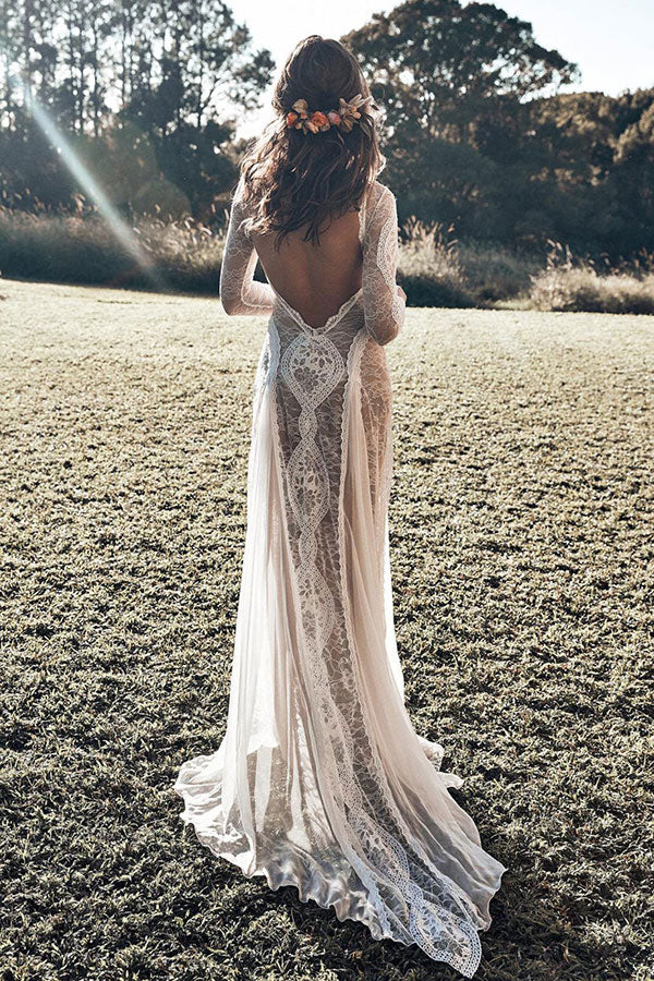 Elegant Long Sleeve Mermaid Lace Open Back Wedding Dress