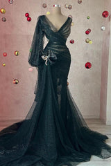 Long Mermaid V-neck Tulle Appliques Beading Prom Dresses with Sleeves