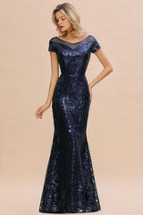 Elegant Long Mermaid Jewel Tulle Sequined Formal Prom Dress