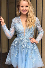 Elegant V-neck Long Sleeve Appliques Lace Tulle Ruffles A-line Short Homecoming Dress