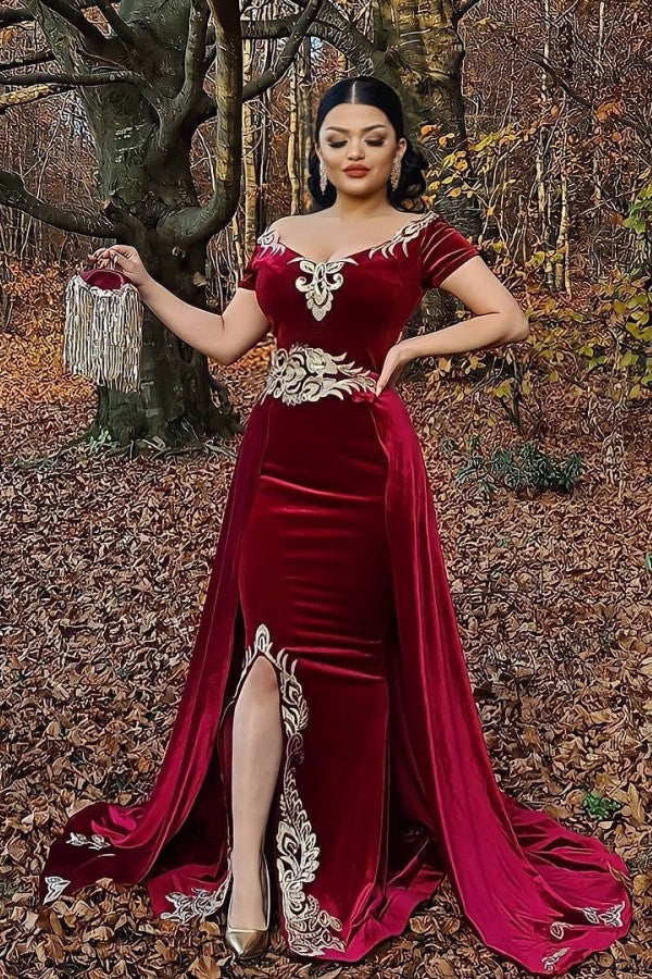 Long Mermaid Off the Shoulder Velvet Side Slit Formal Evening Dress with Detachable Train