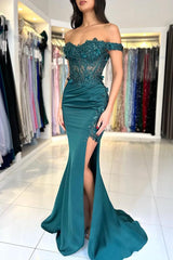 Long Mermaid Off the Shoulder Satin Appliques Lace Prom Dresses with Slit