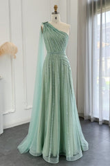 Luxury Long A-line One Shoulder Shinny Beadings Tulle Formal Prom Dresses