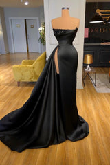 Elegant Long Mermaid Strapless Black Formal Prom Dresses with Slit