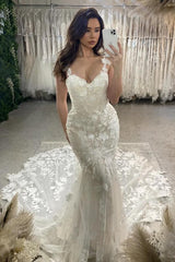 Open Back Long Tulle Appliques Lace Mermaid Wedding Dress with Ruffles