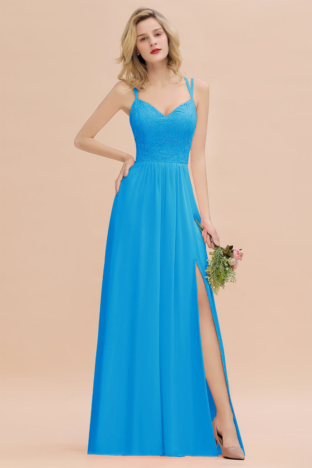 Beautiful A-Line Chiffon Spaghetti Straps Sweetheart Floor Length Split Bridesmaid Dress
