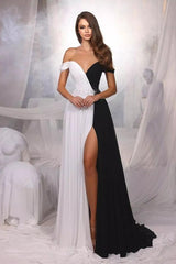 Sexy Long A-line V-Neck Off the Shoulder Chiffon Prom Dresses with Slit