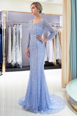 Long Sleeve Mermaid Floor Length Sequins Formal Party Dresses