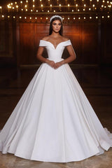 Elegant White A-line V-Neck Off the Shoulder Satin Long Wedding Dresses