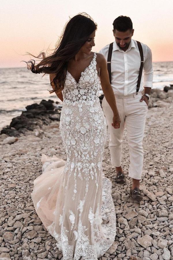 Elegant Long Mermaid V-neck Floral Lace Backless Wedding Dress