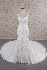 Chic Long Spaghetti Strap Appliques Lace Mermaid Wedding Dress