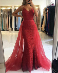 Long V-neck Lace Floor Length Mermaid Prom Dress With Tulle Train