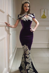 Long High Neck Appliques Lace Backless Floor Length Velvet Mermaid Formal Dress