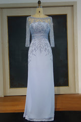 Long Mermaid Scoop Floor Length Sequined Chiffon Formal Prom Dresses with Sleeves