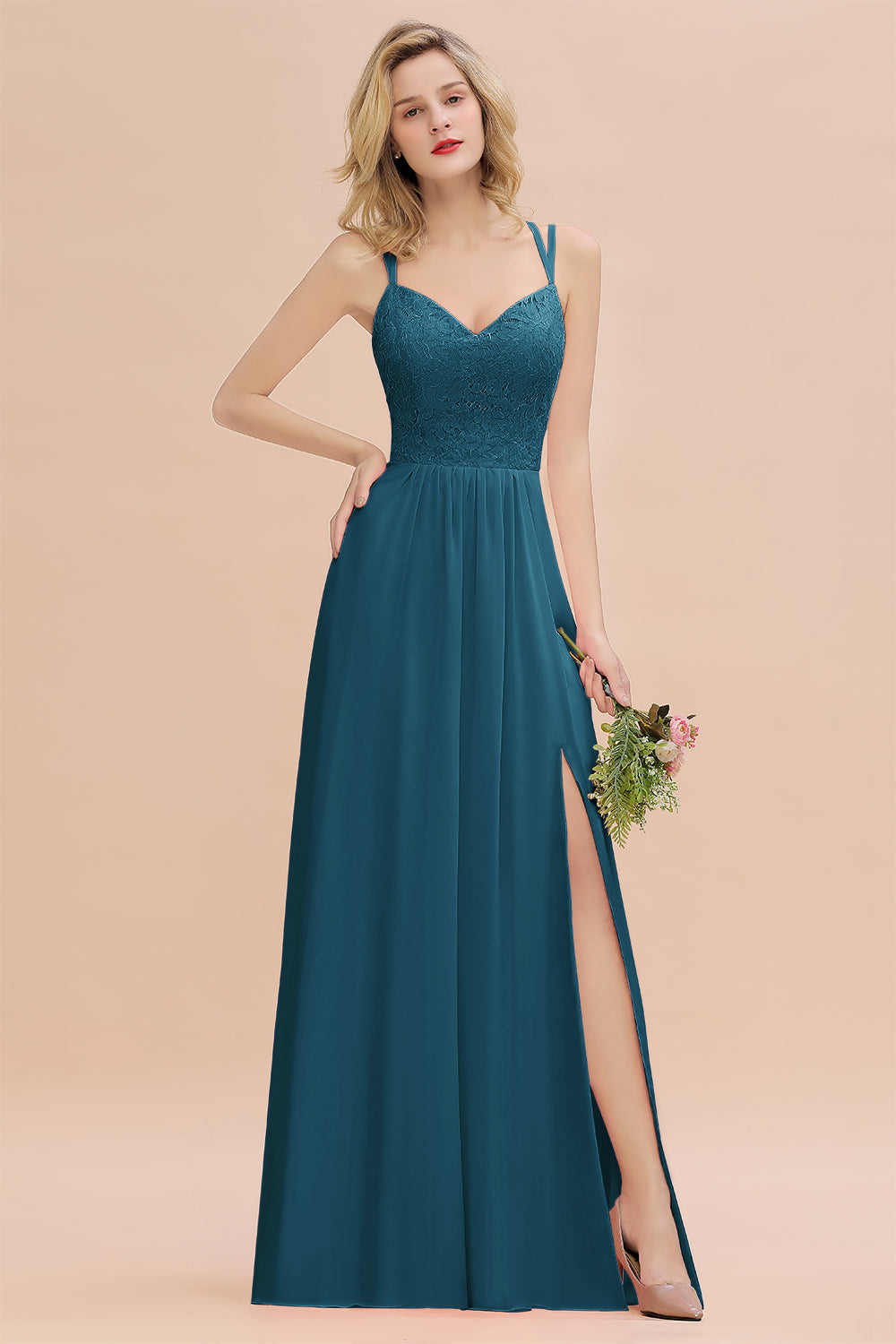 Beautiful A-Line Chiffon Spaghetti Straps Sweetheart Floor Length Split Bridesmaid Dress