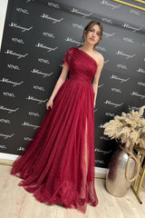 Simple Burgundy Long A-line One Shoulder Glitter Tulle Prom Dress with Slit