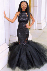 Long Halter Appliques Tulle Mermaid Black Prom Dress