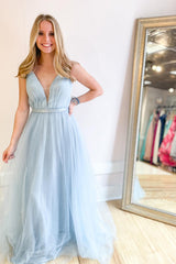 Long A-line Spaghetti Straps V-neck Tulle Floor Length Prom Dress